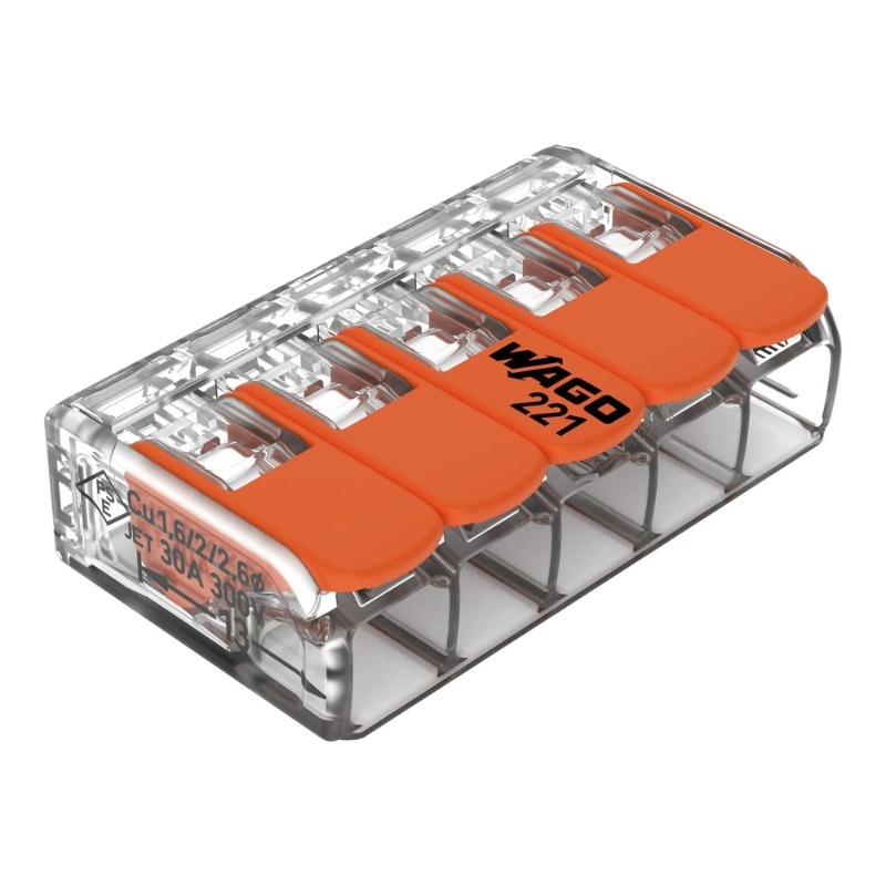 Бърза връзка Compact, за всички видове проводници от 0,5 до 6 mm² - 5-ца - Wago Compact 221-615