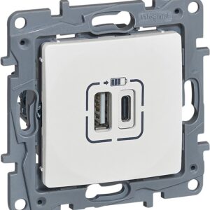 Розетка 2хUSB за зареждане тип A+C 5V 3A 15W Бял - Legrand Niloe 764597