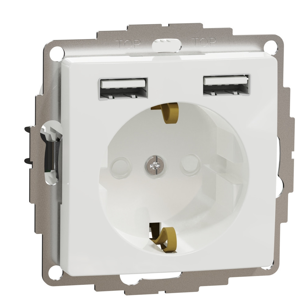 Контакт Шуко 2P+E 16A +2x USB тип А+А 2.4A 12W авт. клеми детска защита Бял  - SCHNEIDER ELECTRIC Sedna Design SDD111052