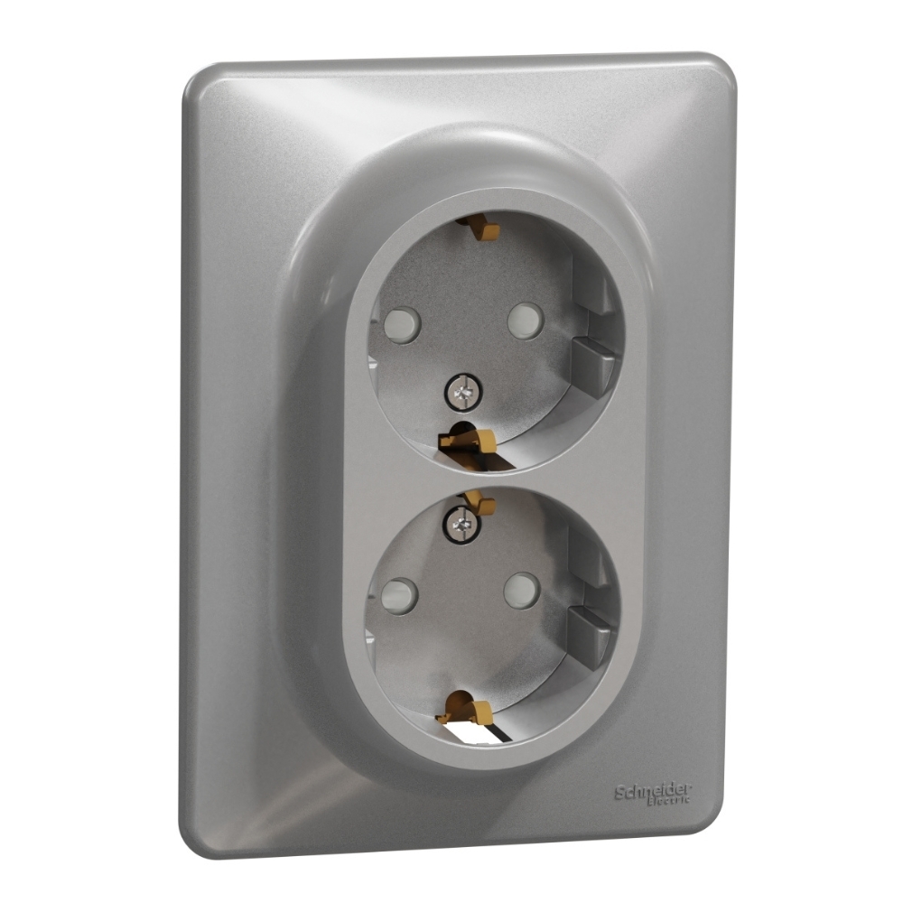 Двоен контакт Шуко 2P+E 16A детска защита с рамка Алуминий - SCHNEIDER ELECTRIC Sedna Design SDD313221