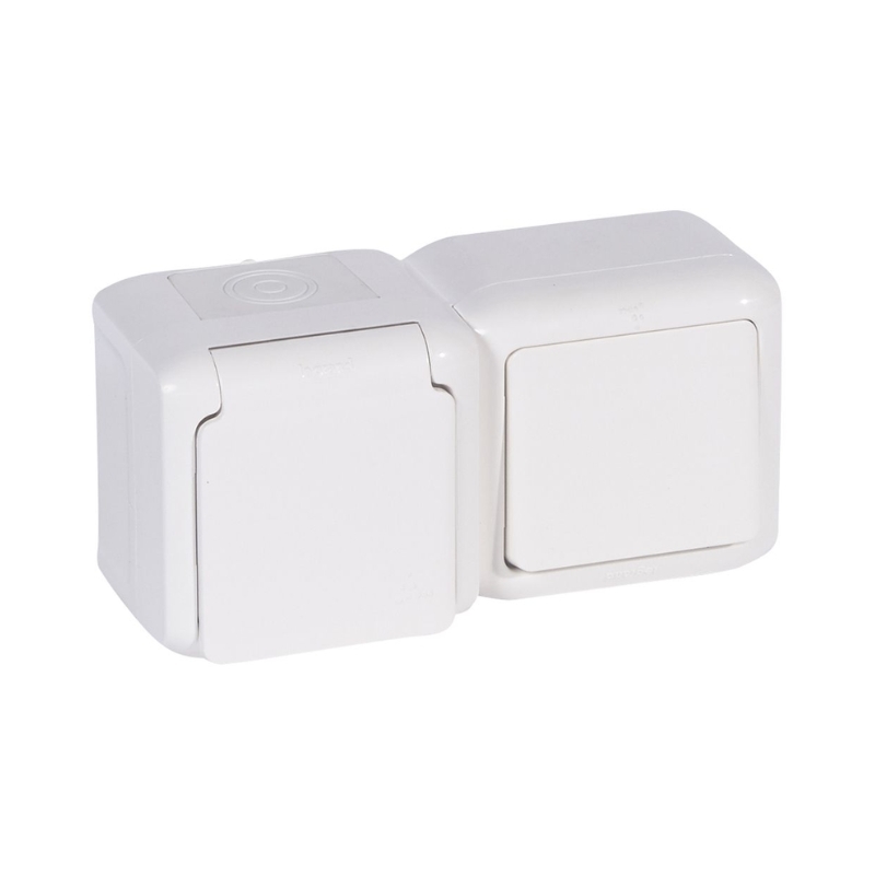 Блок еднополюсен ключ с шуко 2P+E 16A с детска защита IP44 Бял - Legrand Forix 782371