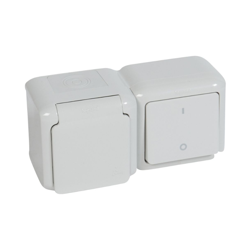 Блок двуполюсен ключ с шуко 2P+E 16A с детска защита IP44 Сив - Legrand Forix 782392