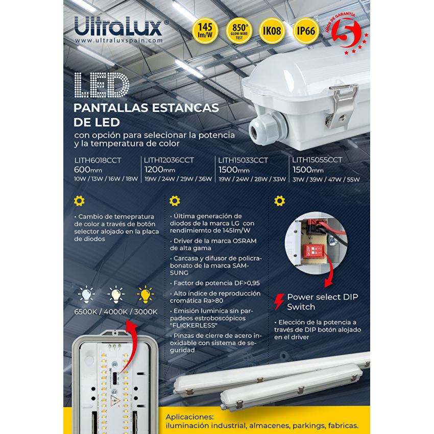 LED индустриално осв. тяло CCT 1.5м PC 220V-240V AC 120° 55W max 3000K/4000K/6500K SMD 2835