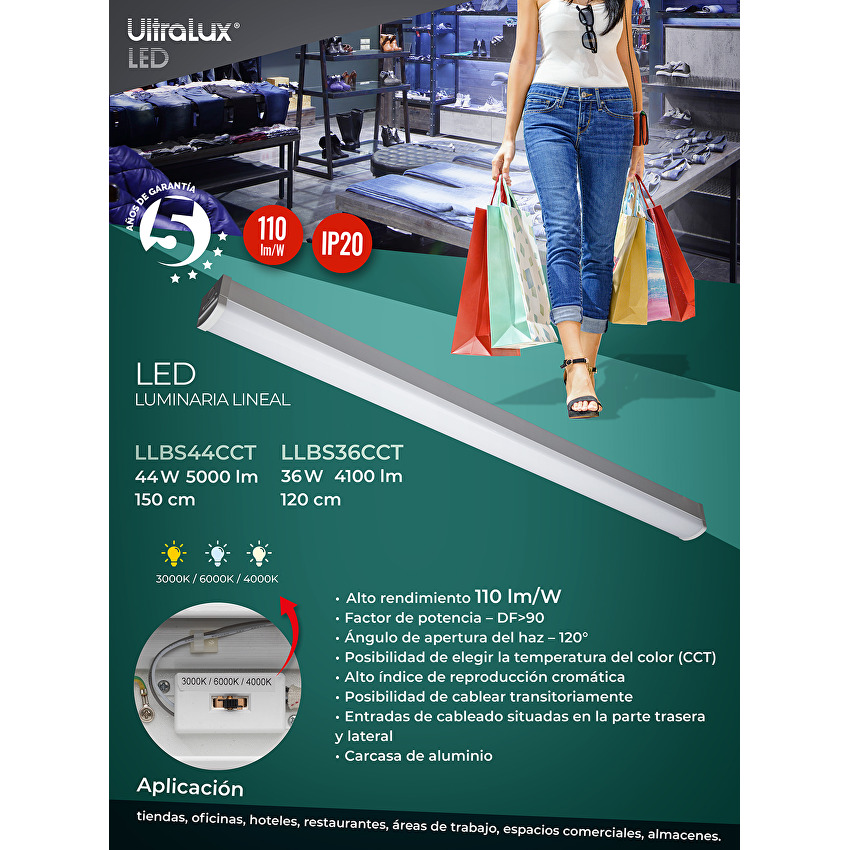LED линейно осветително тяло CCT IP20  220V-240V AC 120° 44W 3000/4000/6000K SMD 2835