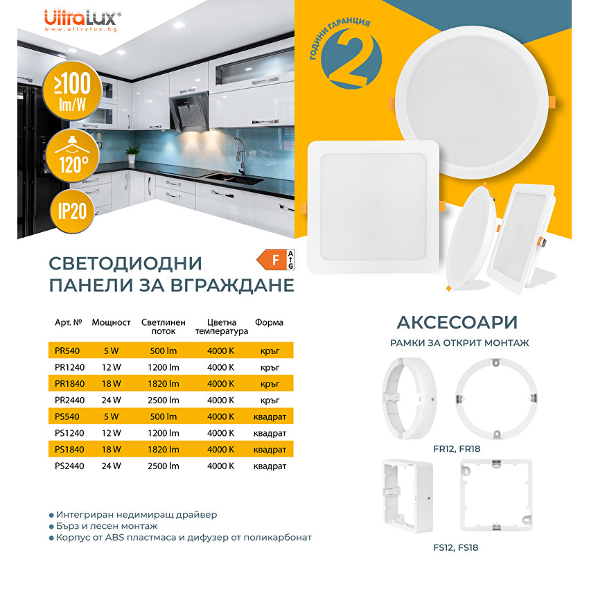 LED панел за вграждане кръг  220V-240V AC 120° 18W 4000K SMD 2835 CLOUD