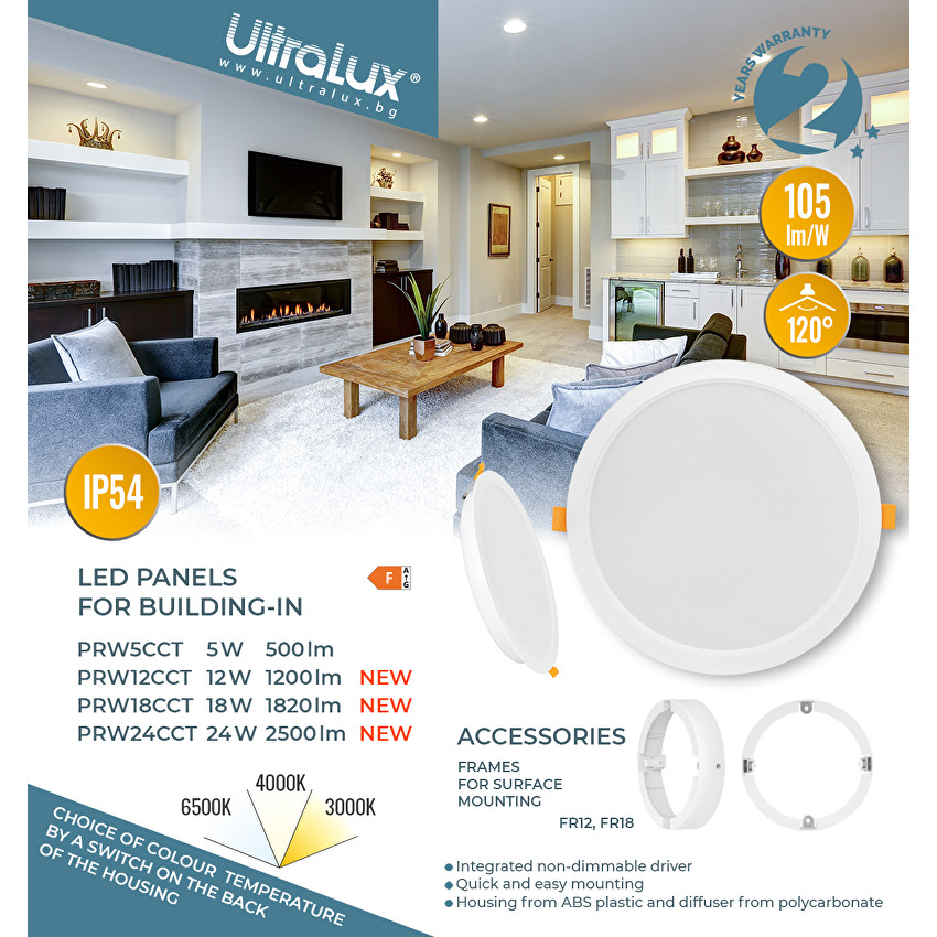 LED панел за вграждане кръг IP54  220V-240V AC 120° 12W 3000K/4000K/6500K SMD 2835 CLOUD