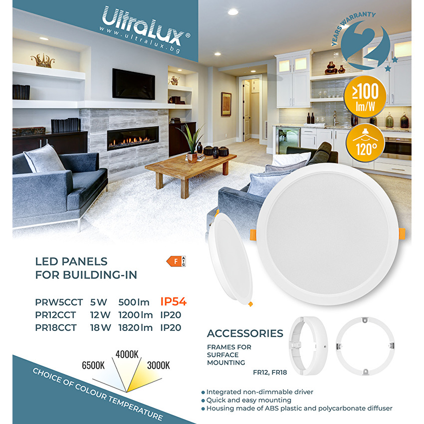 LED панел за вграждане кръг IP54  220V-240V AC 120° 18W 3000K/4000K/6500K SMD 2835 CLOUD