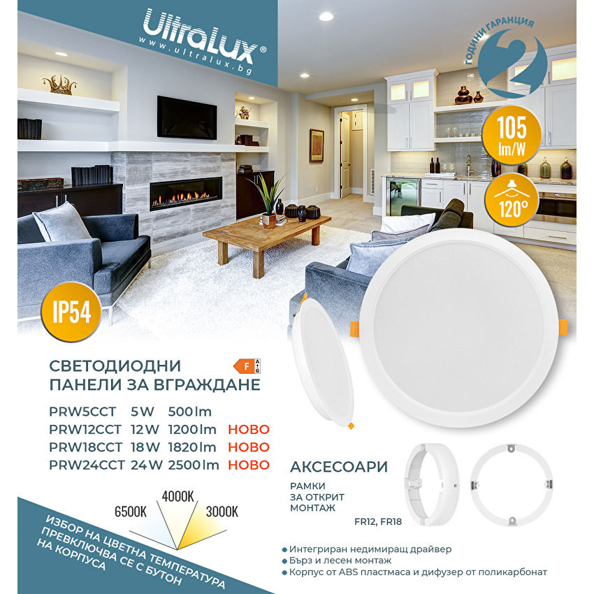 LED панел за вграждане кръг IP54  220V-240V AC 120° 24W 3000K/4000K/6500K SMD 2835 CLOUD